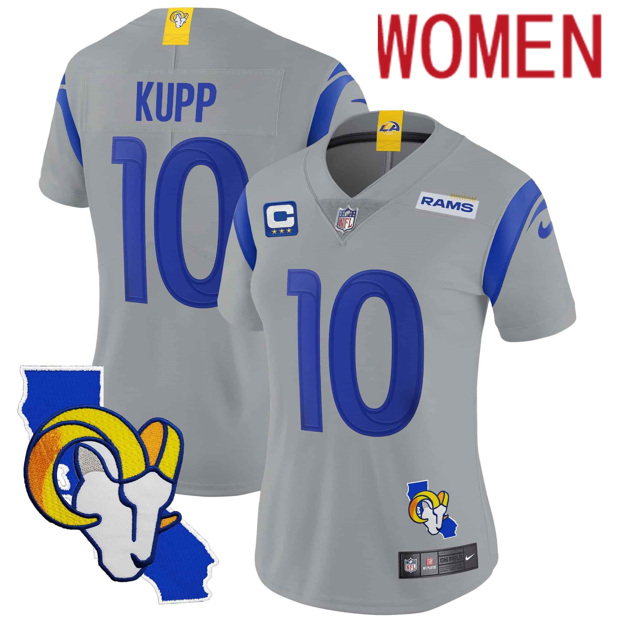 Women Los Angeles Rams #10 Kupp Grey 2024 Nike California Patch Vapor Limited NFL Jersey->women nfl jersey->Women Jersey